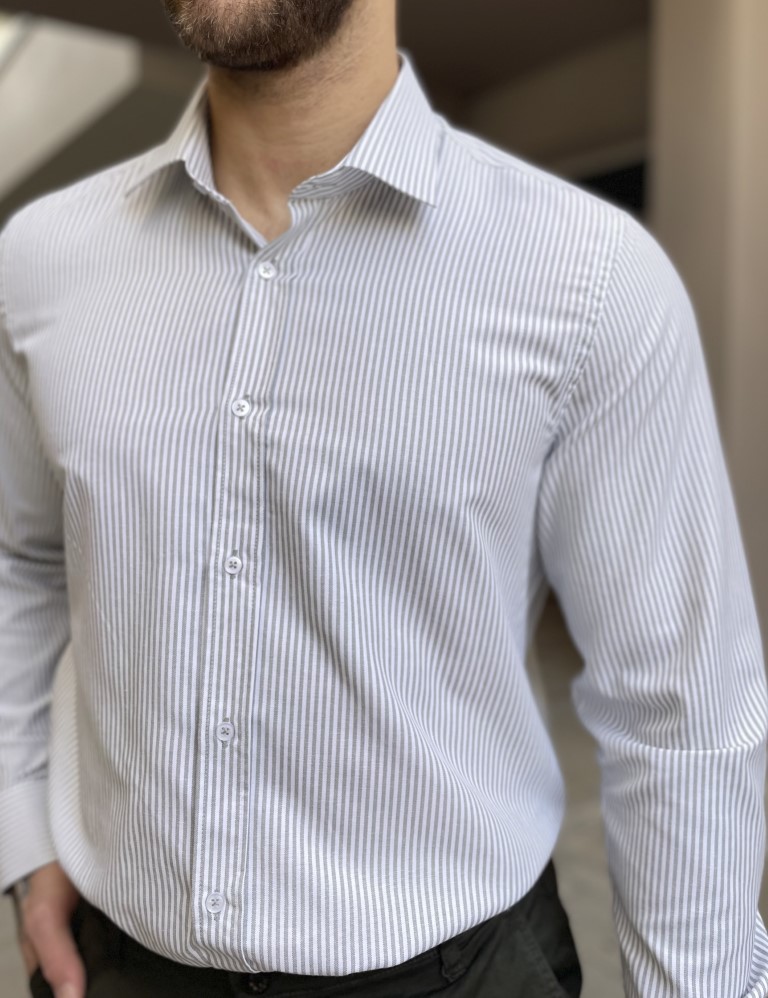 Ανδρικό πουκάμισο με γιακά λευκό με πράσινη ρίγα 2097P φωτογραφία